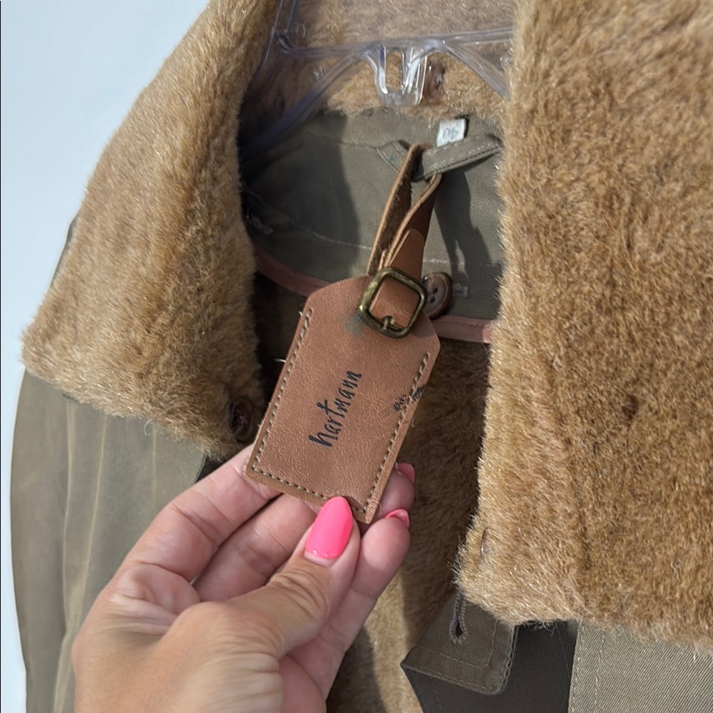 80s Vintage Hartmann Men's Khaki Brown Coat with Tan/Copper Lining M
